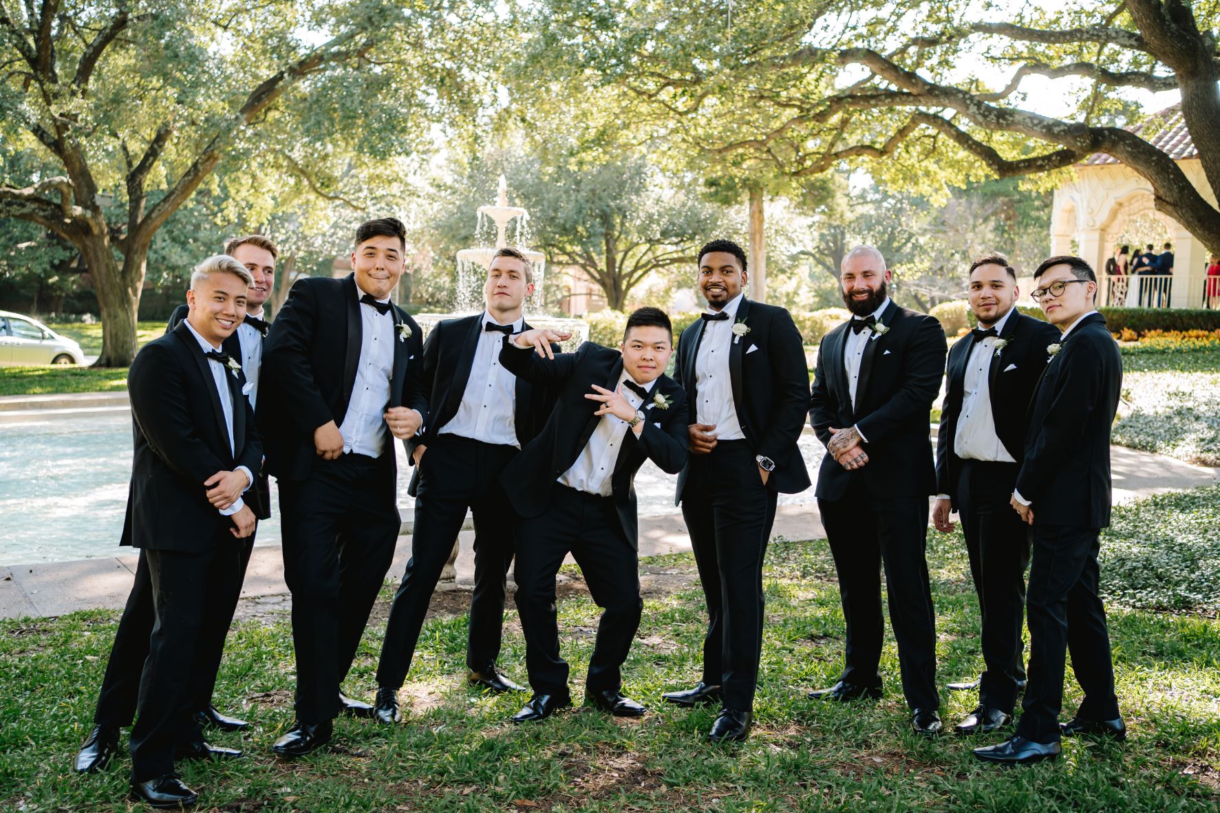 007-MP-Dallas-Wedding-Groom-Groomsmen-Outside-Black-White-Judy-Cordell-Events