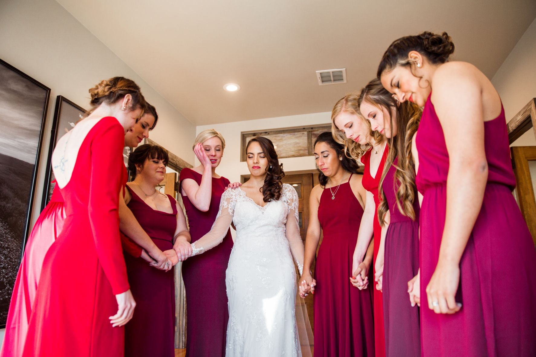 KP-006-rustic wedding-bridesmaids-red wedding-wedding prayer-bride-JudyCordellEvents